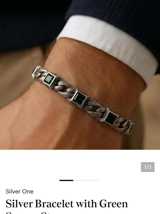 Other - Silver Bracelet with Green Stones - Men's Accessory